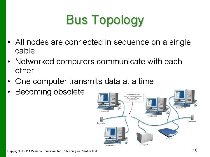 Bus Topology • All nodes are connected in sequence on a single cable •