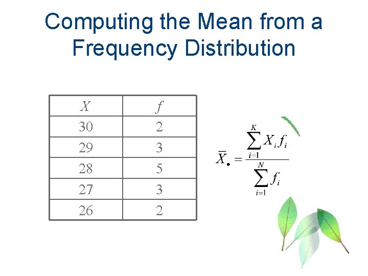 Computing the Mean from a Frequency Distribution X 30 29 28 27 26 f