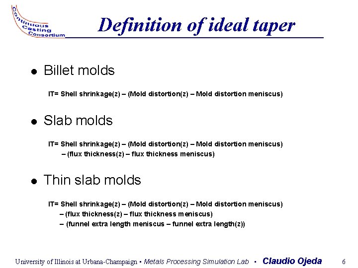Definition of ideal taper Billet molds IT= Shell shrinkage(z) – (Mold distortion(z) – Mold