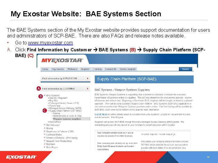 My Exostar Website: BAE Systems Section The BAE Systems section of the My Exostar