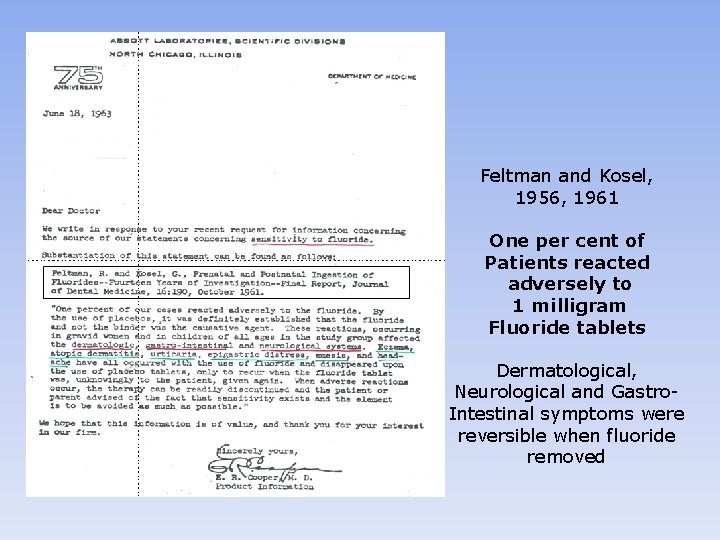 Feltman and Kosel, 1956, 1961 One per cent of Patients reacted adversely to 1