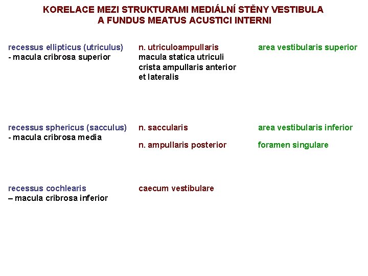 KORELACE MEZI STRUKTURAMI MEDIÁLNÍ STĚNY VESTIBULA A FUNDUS MEATUS ACUSTICI INTERNI recessus ellipticus (utriculus)