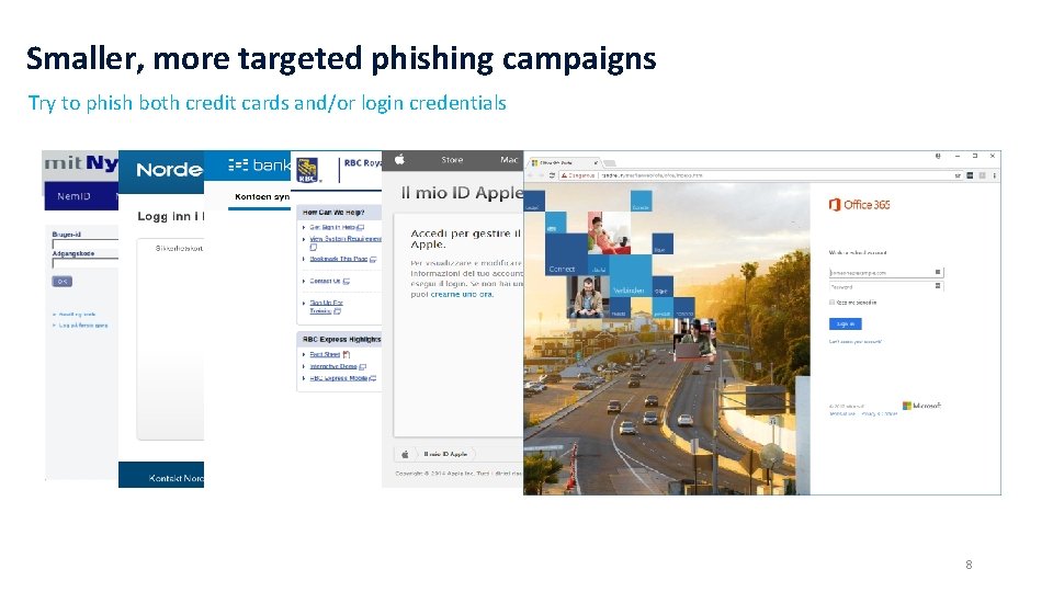 Smaller, more targeted phishing campaigns Try to phish both credit cards and/or login credentials