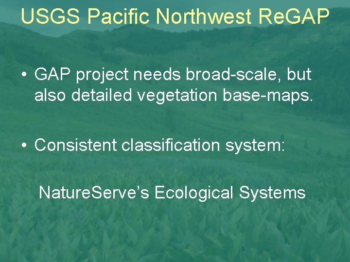 USGS Pacific Northwest Re. GAP • GAP project needs broad-scale, but also detailed vegetation
