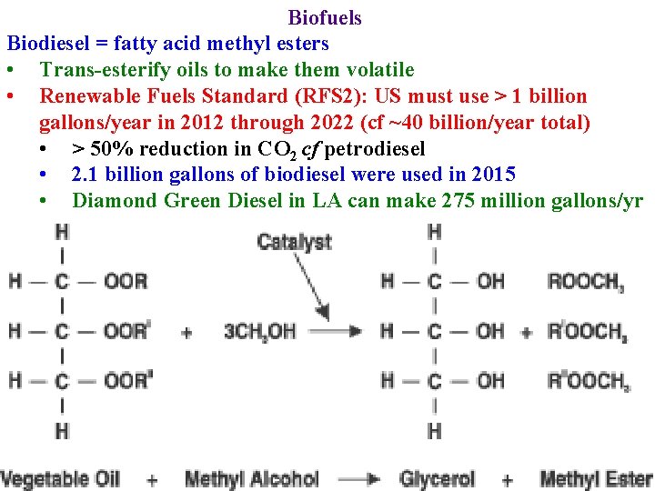 Biofuels Biodiesel = fatty acid methyl esters • Trans-esterify oils to make them volatile