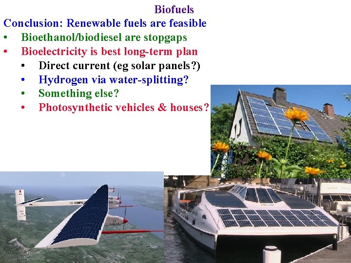 Biofuels Conclusion: Renewable fuels are feasible • Bioethanol/biodiesel are stopgaps • Bioelectricity is best