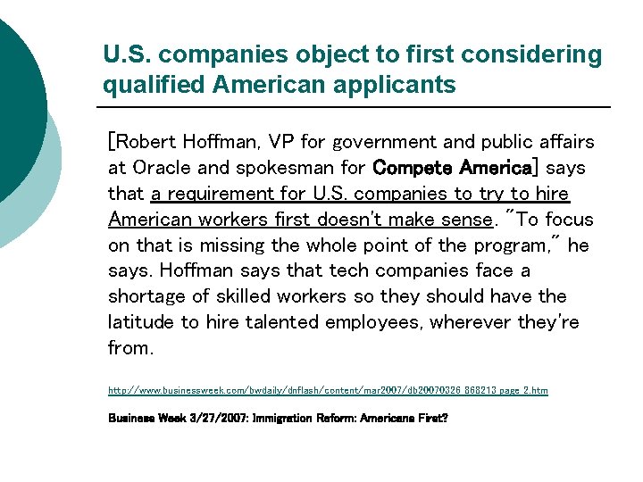 U. S. companies object to first considering qualified American applicants [Robert Hoffman, VP for