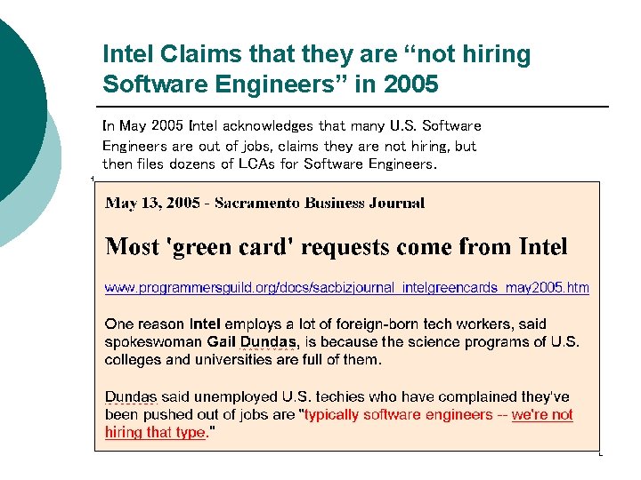 Intel Claims that they are “not hiring Software Engineers” in 2005 In May 2005