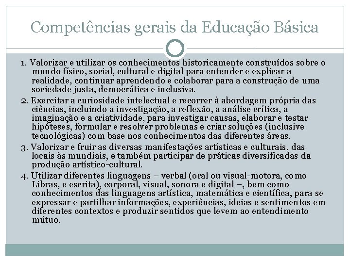 Competências gerais da Educação Básica 1. Valorizar e utilizar os conhecimentos historicamente construídos sobre