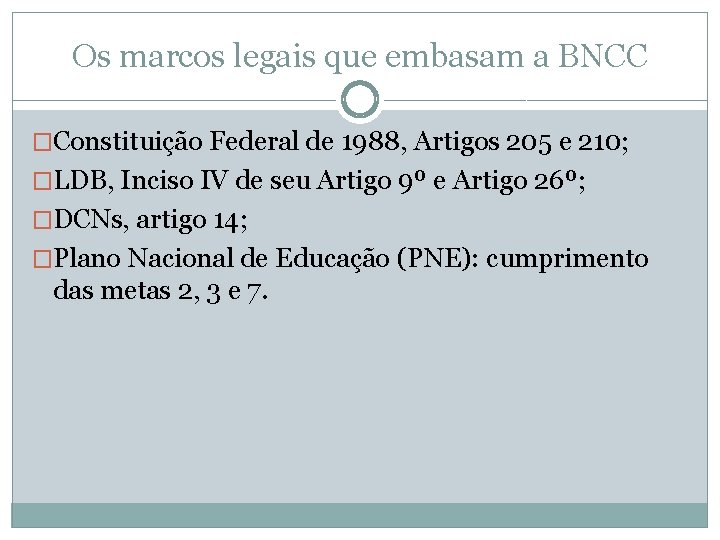 Os marcos legais que embasam a BNCC �Constituição Federal de 1988, Artigos 205 e