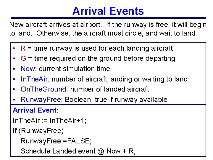 Arrival Events New aircraft arrives at airport. If the runway is free, it will