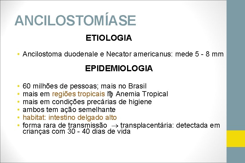 ANCILOSTOMÍASE ETIOLOGIA • Ancilostoma duodenale e Necator americanus: mede 5 - 8 mm EPIDEMIOLOGIA