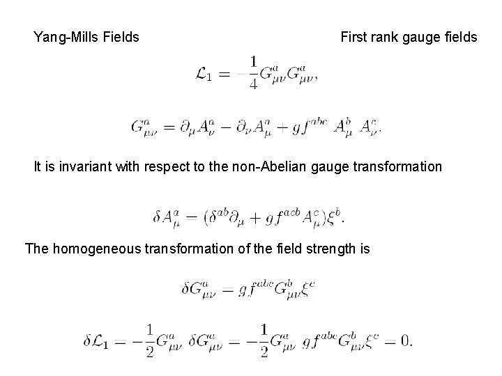 Yang-Mills Fields First rank gauge fields It is invariant with respect to the non-Abelian