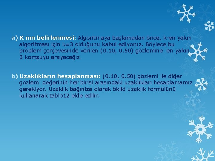 a) K nın belirlenmesi: Algoritmaya başlamadan önce, k-en yakın algoritması için k=3 olduğunu kabul