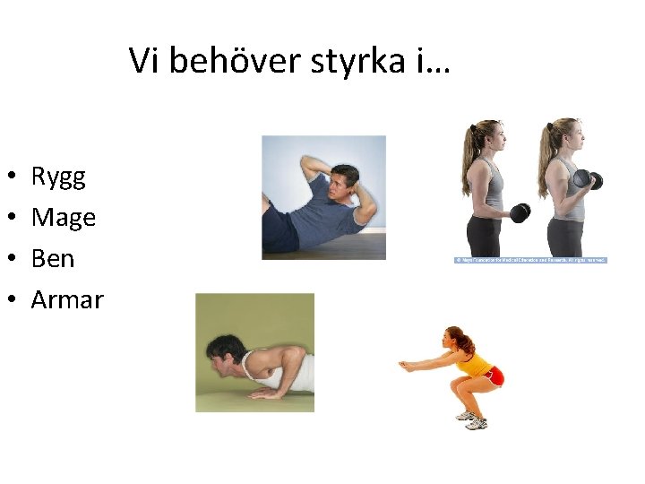 Vi behöver styrka i… • • Rygg Mage Ben Armar 