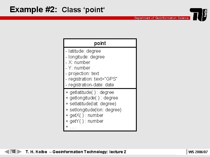 Example #2: Class ‘point‘ Department of Geoinformation Science point - latitude: degree - longitude: