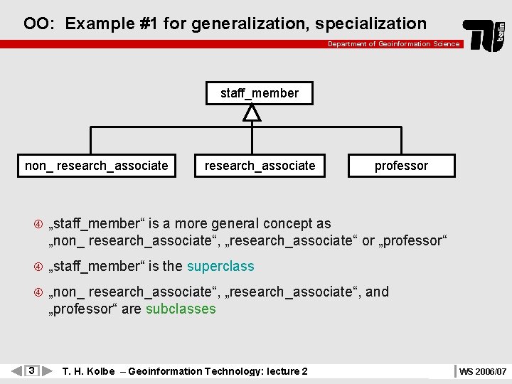OO: Example #1 for generalization, specialization Department of Geoinformation Science staff_member non_ research_associate professor