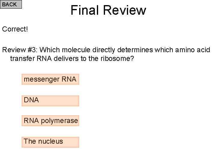 BACK Final Review Correct! Review #3: Which molecule directly determines which amino acid transfer