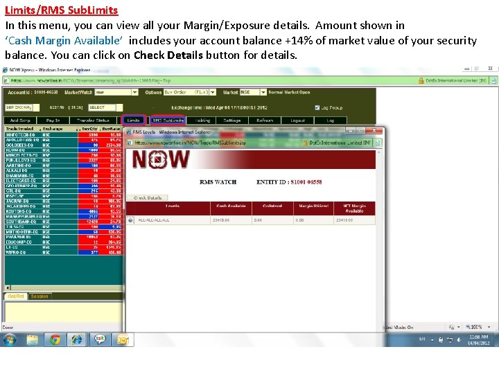 Limits/RMS Sub. Limits In this menu, you can view all your Margin/Exposure details. Amount