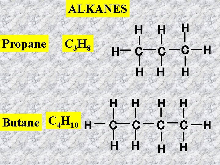 ALKANES Propane C 3 H 8 Butane C 4 H 10 H H H