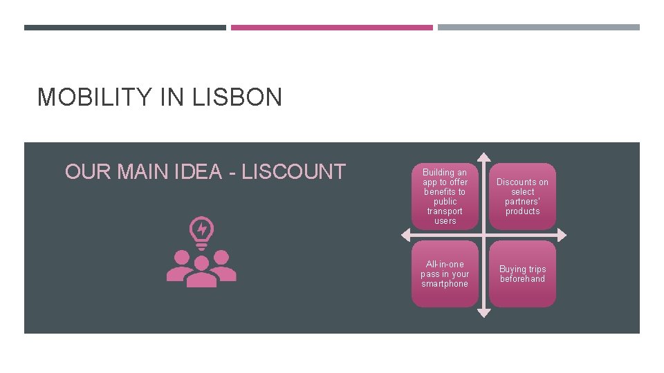 MOBILITY IN LISBON OUR MAIN IDEA - LISCOUNT Building an app to offer benefits