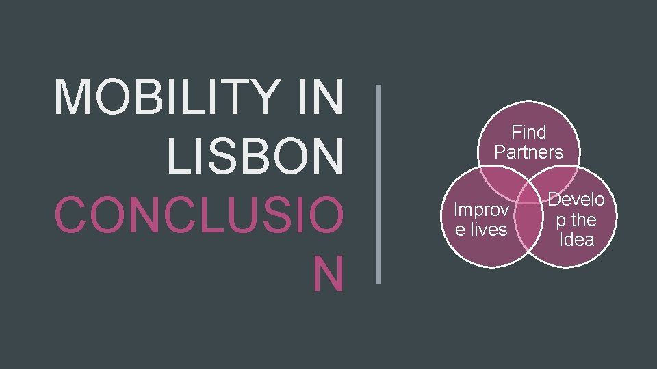 MOBILITY IN LISBON CONCLUSIO N Find Partners Improv e lives Develo p the Idea