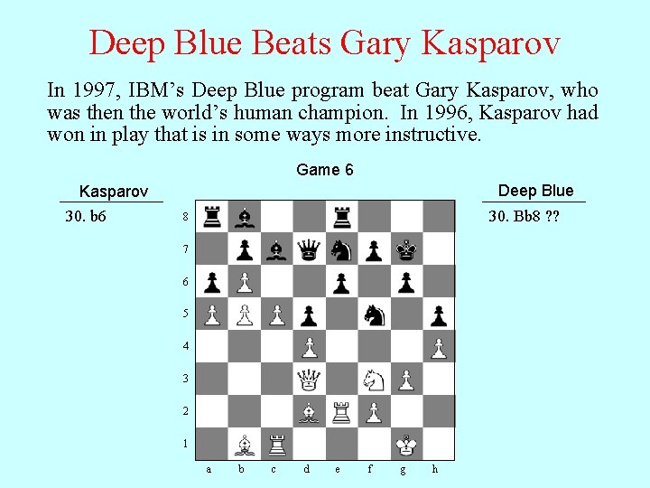 Deep Blue Beats Gary Kasparov In 1997, IBM’s Deep Blue program beat Gary Kasparov,