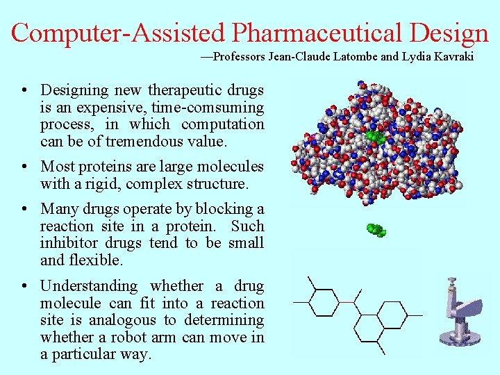 Computer-Assisted Pharmaceutical Design —Professors Jean-Claude Latombe and Lydia Kavraki • Designing new therapeutic drugs
