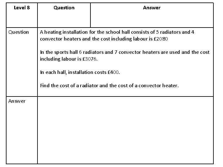 Level 8 Question Answer A heating installation for the school hall consists of 5