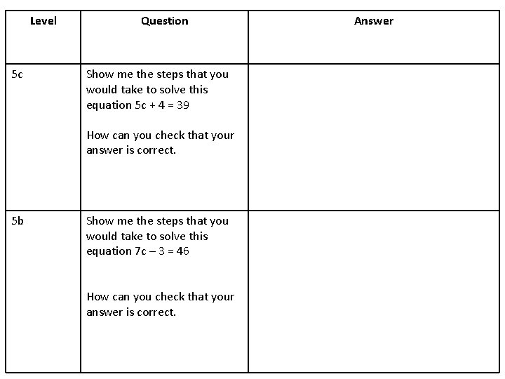 Level 5 c Question Show me the steps that you would take to solve