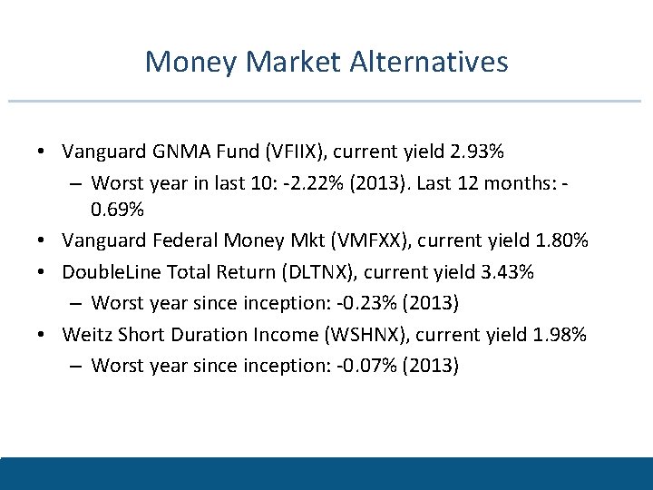 Money Market Alternatives • Vanguard GNMA Fund (VFIIX), current yield 2. 93% – Worst