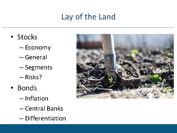 Lay of the Land • Stocks – Economy – General – Segments – Risks?