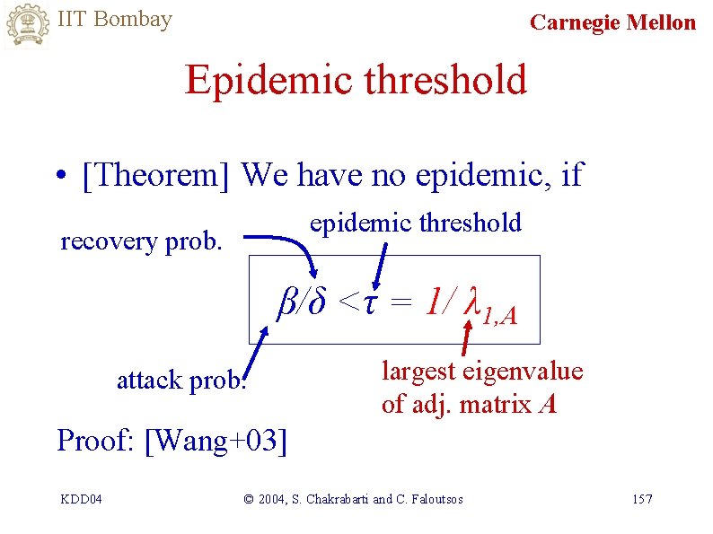 IIT Bombay Carnegie Mellon Epidemic threshold • [Theorem] We have no epidemic, if epidemic