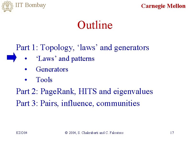 IIT Bombay Carnegie Mellon Outline Part 1: Topology, ‘laws’ and generators • • •