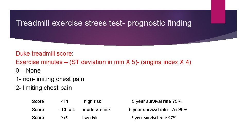 Treadmill exercise stress test- prognostic finding Duke treadmill score: Exercise minutes – (ST deviation