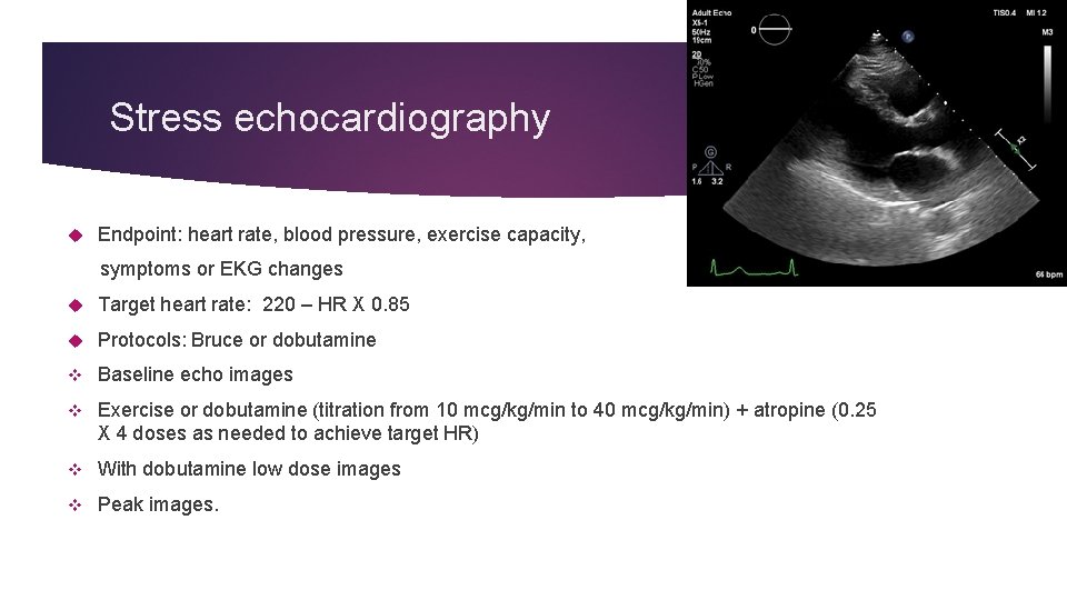 Stress echocardiography Endpoint: heart rate, blood pressure, exercise capacity, symptoms or EKG changes Target