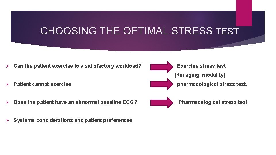 CHOOSING THE OPTIMAL STRESS TEST Ø Can the patient exercise to a satisfactory workload?