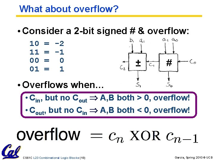 What about overflow? • Consider a 2 -bit signed # & overflow: 10 11