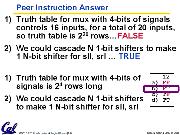 Peer Instruction Answer 1) Truth table for mux with 4 -bits of signals controls