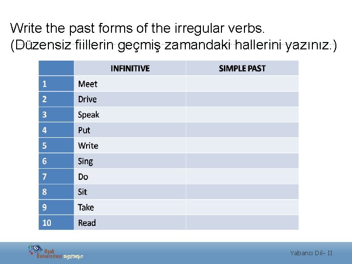 Write the past forms of the irregular verbs. (Düzensiz fiillerin geçmiş zamandaki hallerini yazınız.