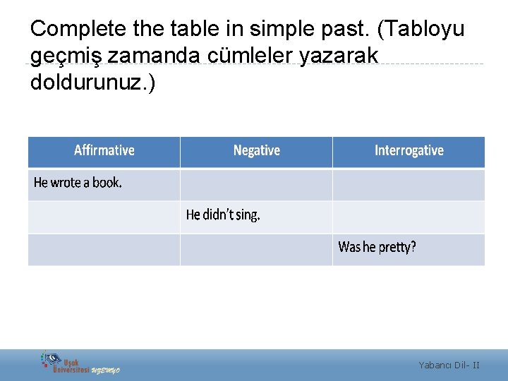 Complete the table in simple past. (Tabloyu geçmiş zamanda cümleler yazarak doldurunuz. ) Yabancı