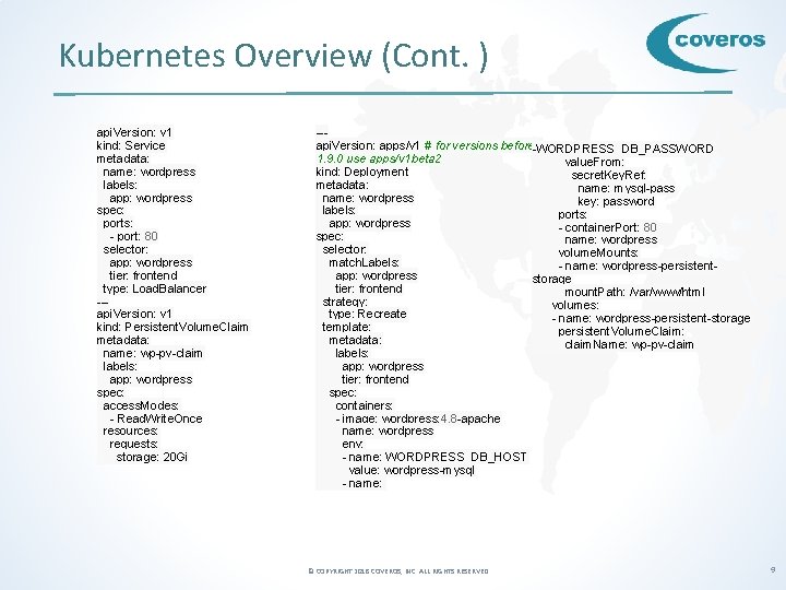 Kubernetes Overview (Cont. ) api. Version: v 1 kind: Service metadata: name: wordpress labels: