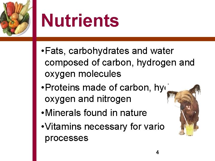 Nutrients • Fats, carbohydrates and water composed of carbon, hydrogen and oxygen molecules •