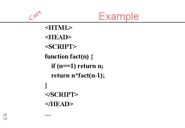 e r Co J 0 13 Example <HTML> <HEAD> <SCRIPT> function fact(n) { if