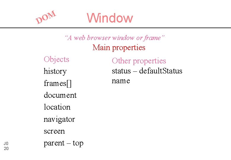 Window M O D “A web browser window or frame” Main properties J 0