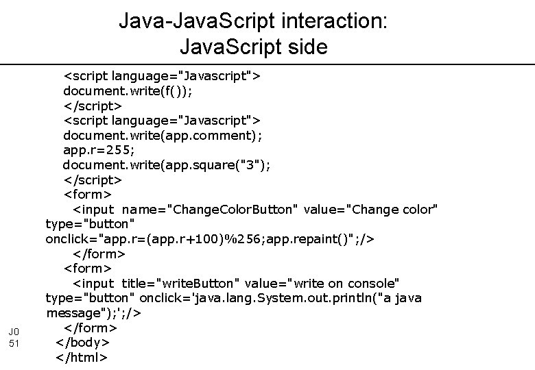 Java-Java. Script interaction: Java. Script side J 0 51 <script language="Javascript"> document. write(f()); </script>