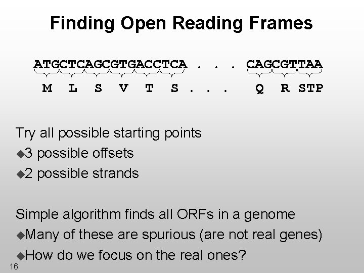 Finding Open Reading Frames ATGCTCAGCGTGACCTCA. . . CAGCGTTAA M L S V T S.