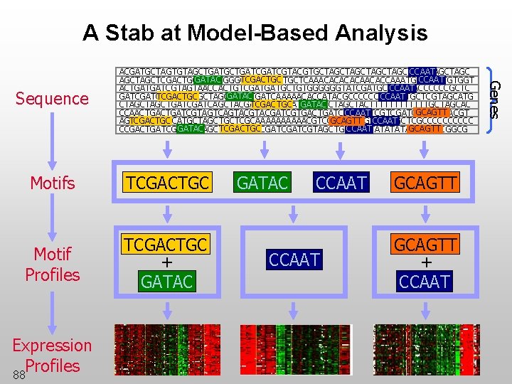 A Stab at Model-Based Analysis Motifs TCGACTGC Motif Profiles TCGACTGC + GATAC Expression Profiles