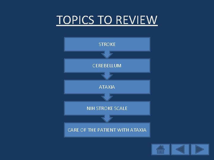 TOPICS TO REVIEW STROKE CEREBELLUM ATAXIA NIH STROKE SCALE CARE OF THE PATIENT WITH