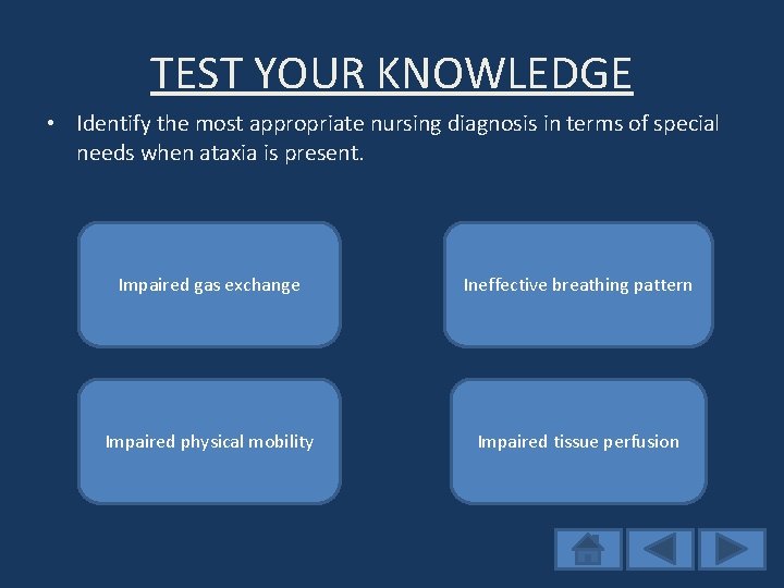 TEST YOUR KNOWLEDGE • Identify the most appropriate nursing diagnosis in terms of special